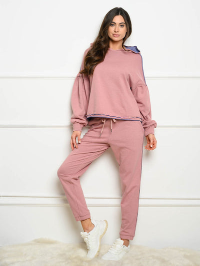 WOMEN'S RAW EDGE EMBROIDERED HOODED 2PC. JOGGER SET