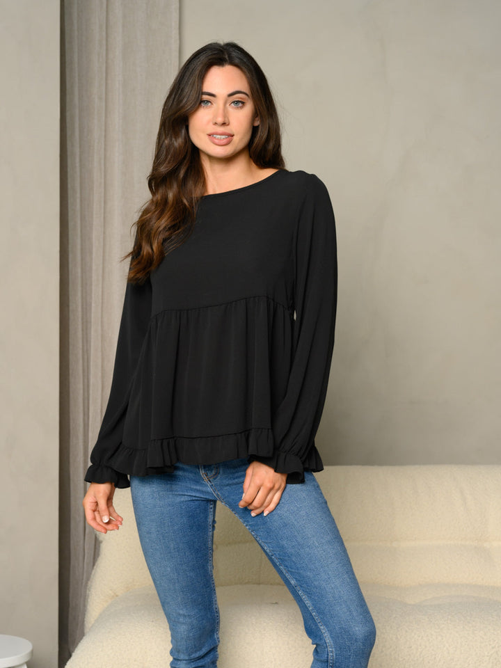 WOMEN'S RUFFLE DETAIL BUBBLE SLEEVE BABYDOLL SOLID TOP