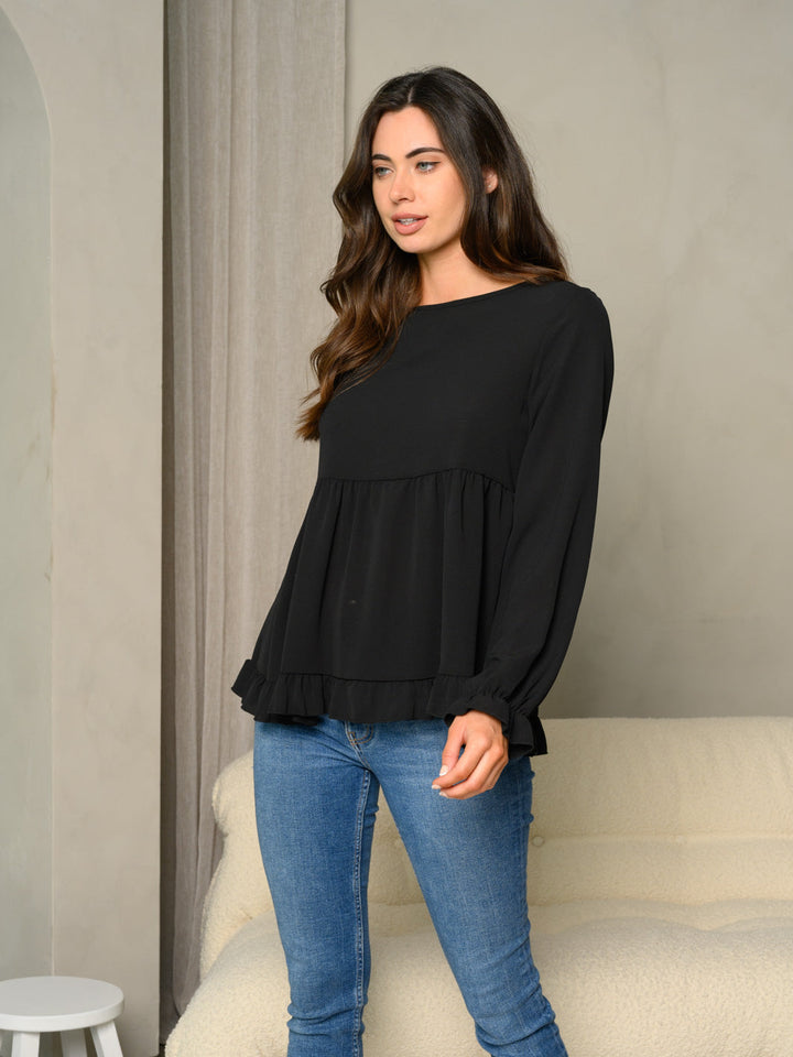 WOMEN'S RUFFLE DETAIL BUBBLE SLEEVE BABYDOLL SOLID TOP