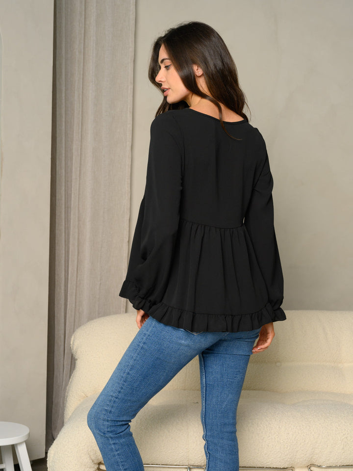WOMEN'S RUFFLE DETAIL BUBBLE SLEEVE BABYDOLL SOLID TOP