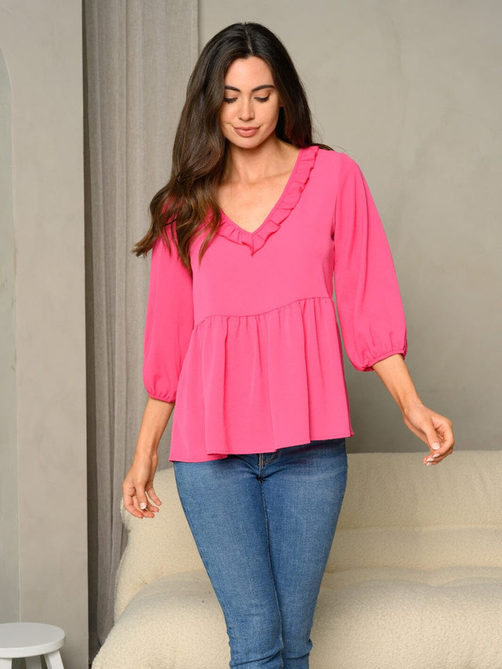 WOMEN'S FRILL V-NECK BUBBLE 3/4 SLEEVE BABYDOLL SOLID TOP