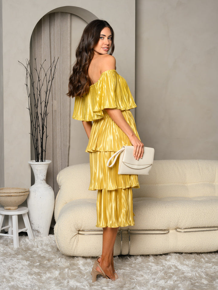 WOMEN'S OFF SHOULDER TIERED RUFFLE MIDI DRESS