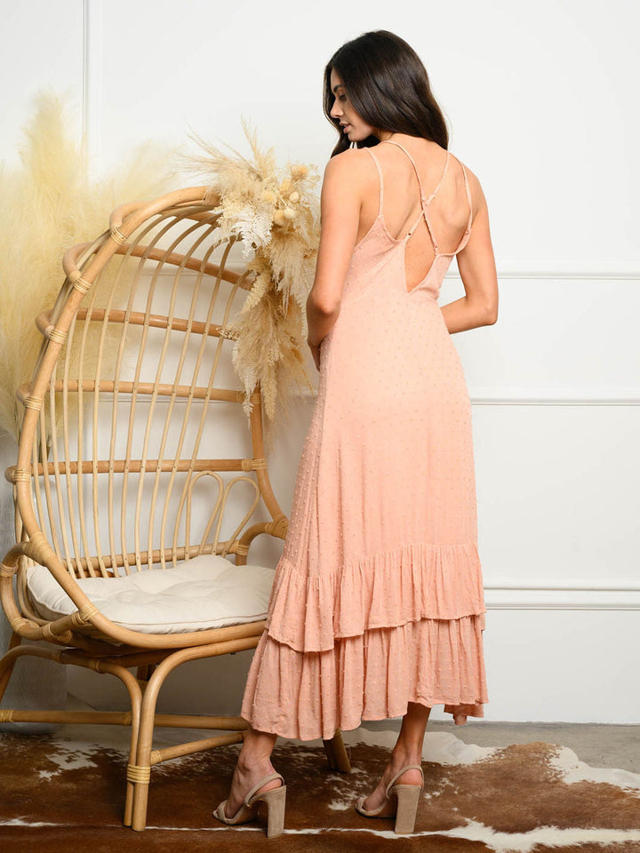 WOMEN'S V-NECK OPEN BACK RUFFLE MAXI DRESS