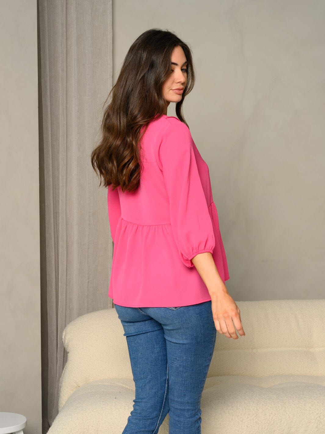 WOMEN'S FRILL V-NECK BUBBLE 3/4 SLEEVE BABYDOLL SOLID TOP