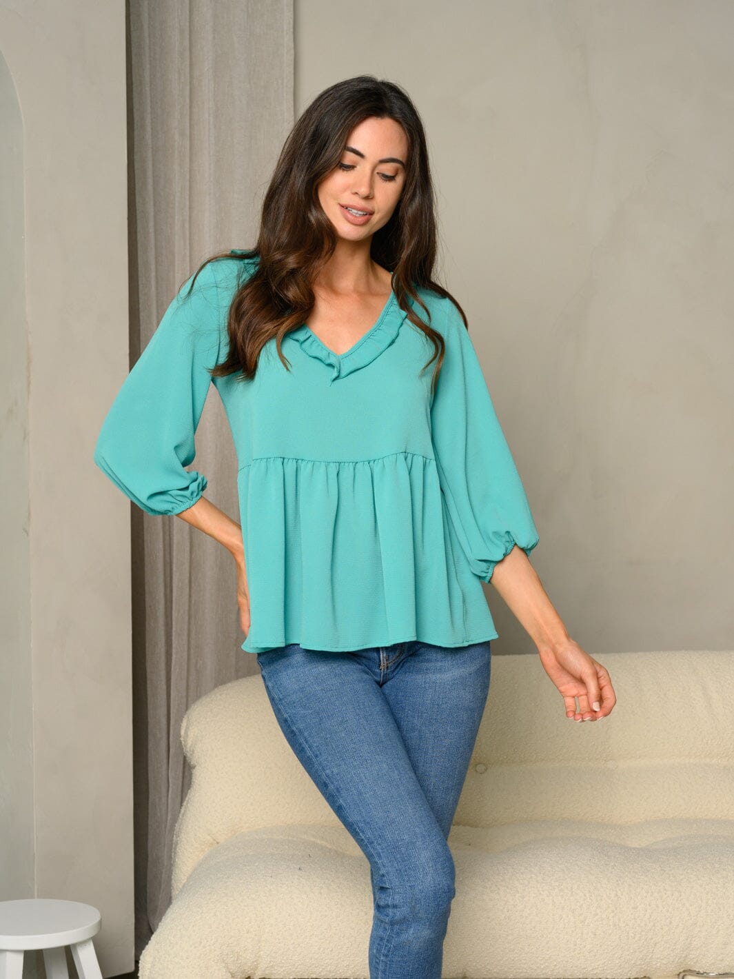 WOMEN'S FRILL V-NECK BUBBLE 3/4 SLEEVE BABYDOLL SOLID TOP