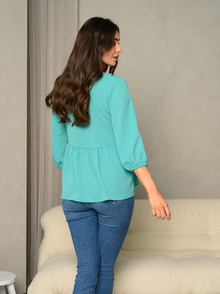 WOMEN'S FRILL V-NECK BUBBLE 3/4 SLEEVE BABYDOLL SOLID TOP