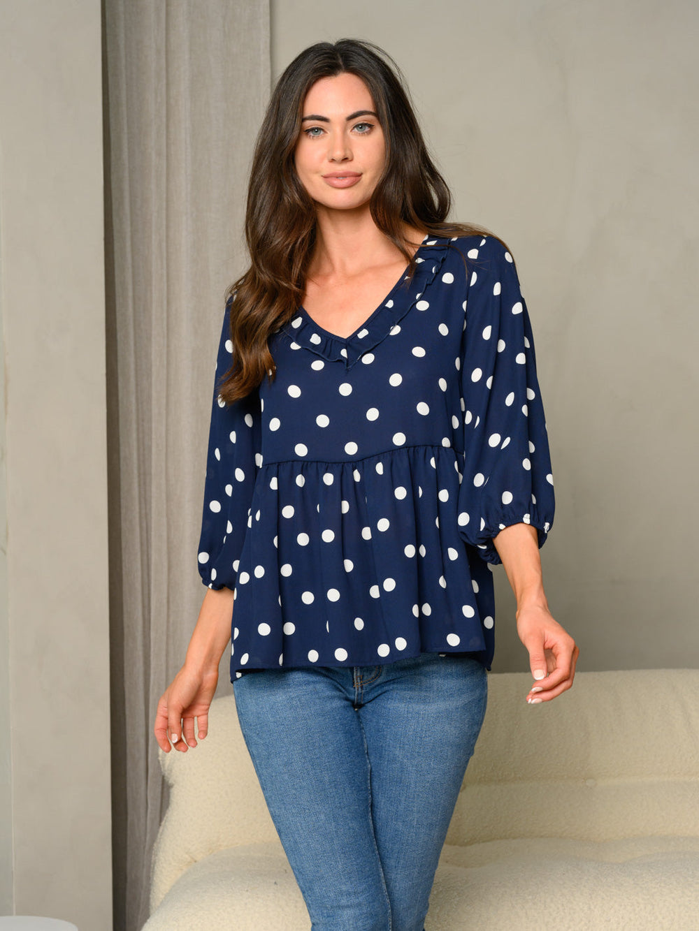 WOMEN'S FRILL V-NECK POLKA DOT PRINT BUBBLE 3/4 SLEEVE BABYDOLL TOP