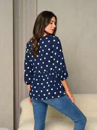 WOMEN'S FRILL V-NECK POLKA DOT PRINT BUBBLE 3/4 SLEEVE BABYDOLL TOP