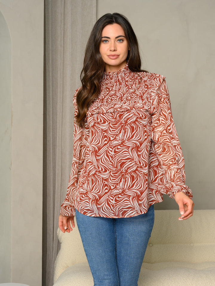 WOMEN'S ANIMAL PRINT SMOCKED FRONT LONG SLEEVE TOP