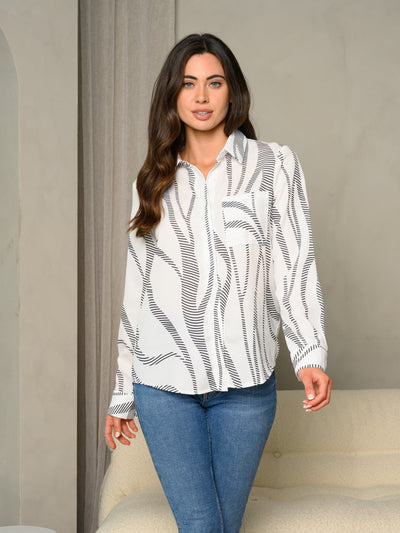WOMEN'S LONG SLEEVE BUTTON UP COLLAR MULTI PRINT TOP