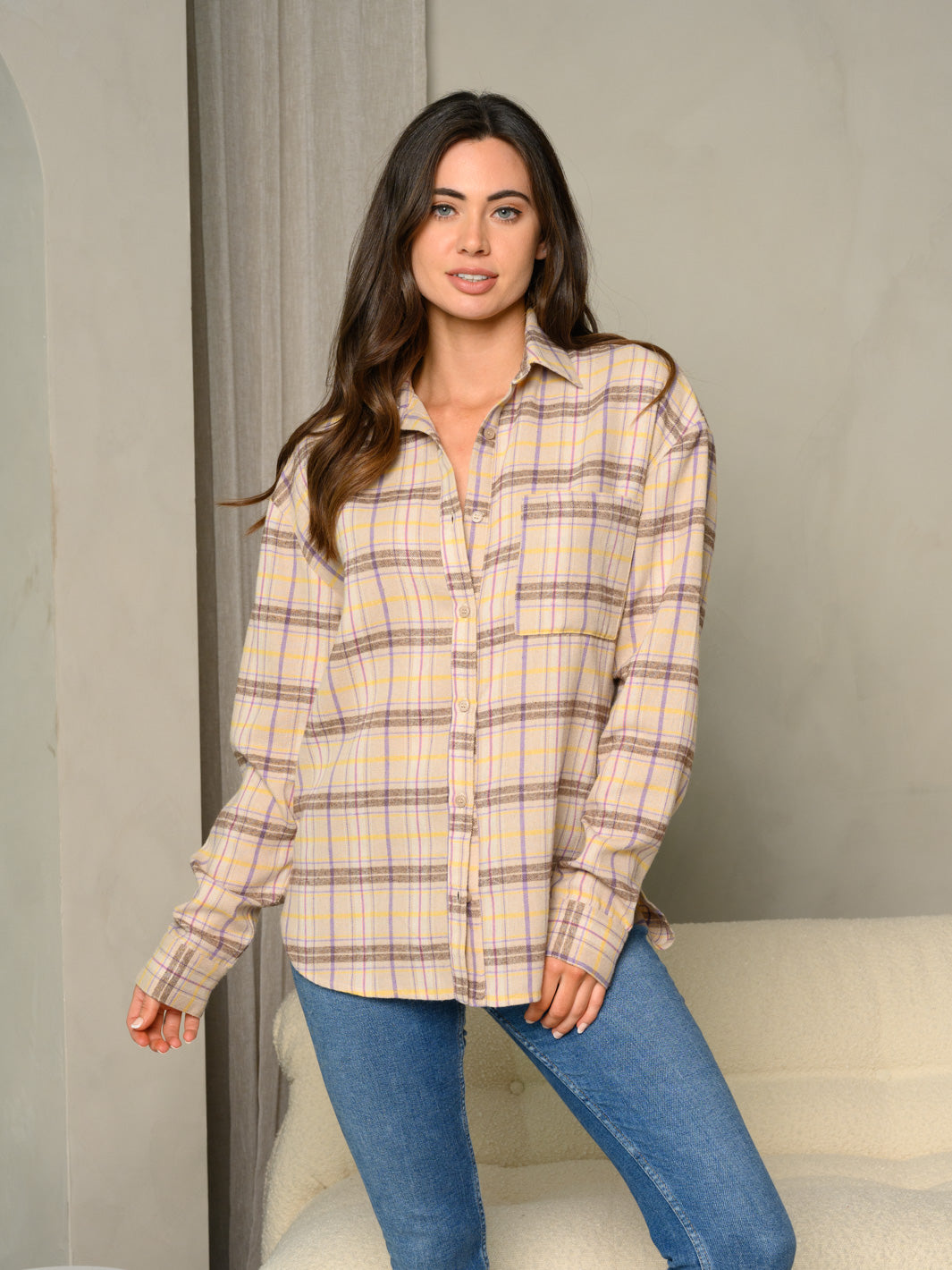 WOMEN'S COLLARED BUTTON UP VINTAGE PLAID CUFFED LONG SLEEVE TOP