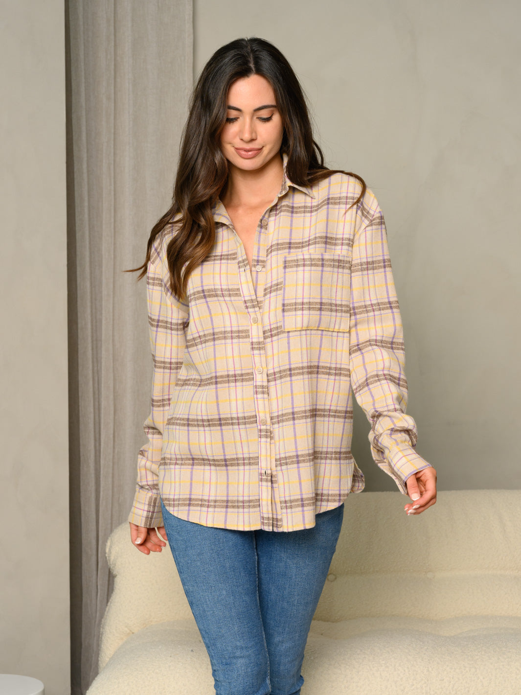 WOMEN'S COLLARED BUTTON UP VINTAGE PLAID CUFFED LONG SLEEVE TOP