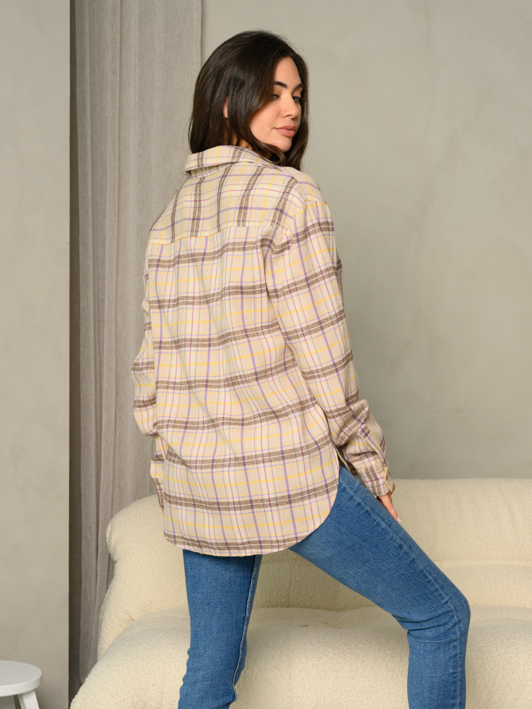 WOMEN'S COLLARED BUTTON UP VINTAGE PLAID CUFFED LONG SLEEVE TOP