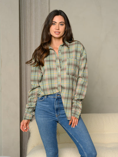 WOMEN'S COLLARED BUTTON UP VINTAGE PLAID CUFFED LONG SLEEVE TOP