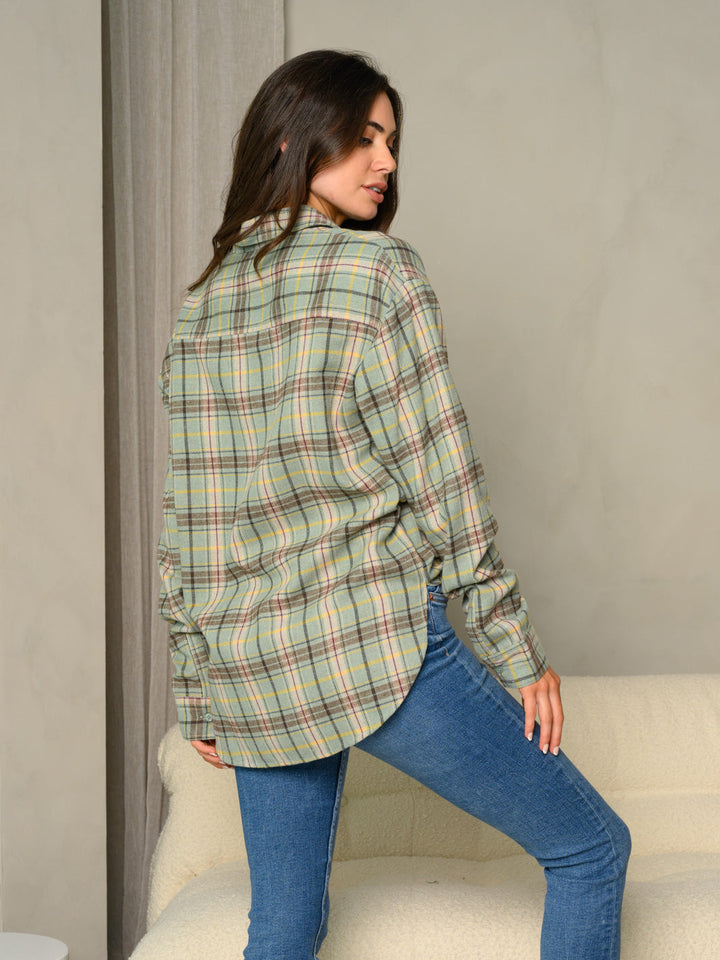 WOMEN'S COLLARED BUTTON UP VINTAGE PLAID CUFFED LONG SLEEVE TOP