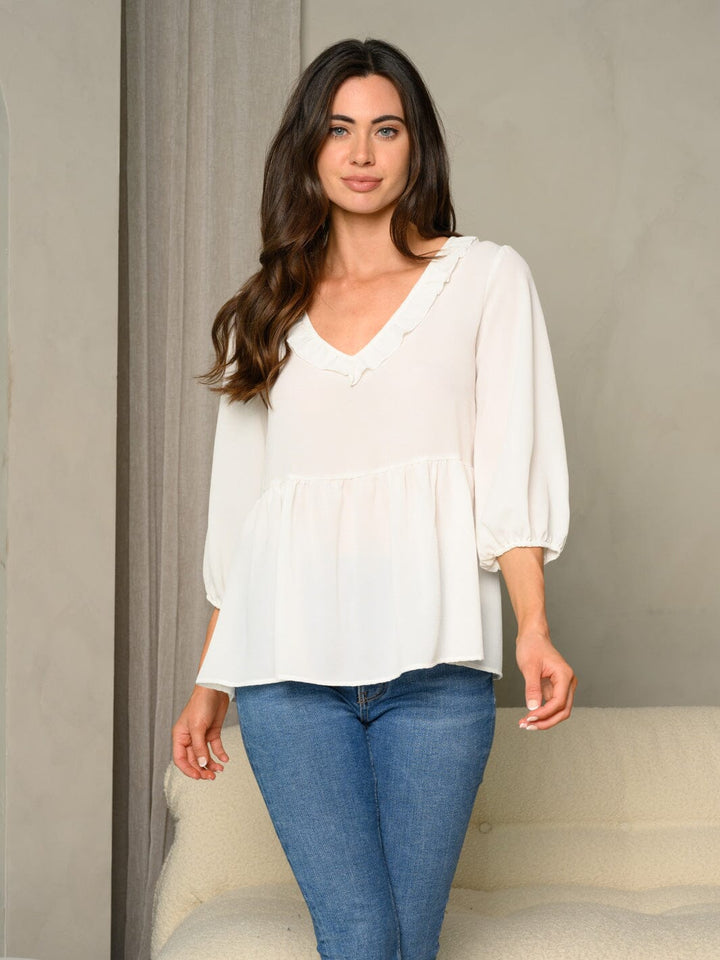 WOMEN'S FRILL V-NECK BUBBLE 3/4 SLEEVE BABYDOLL SOLID TOP