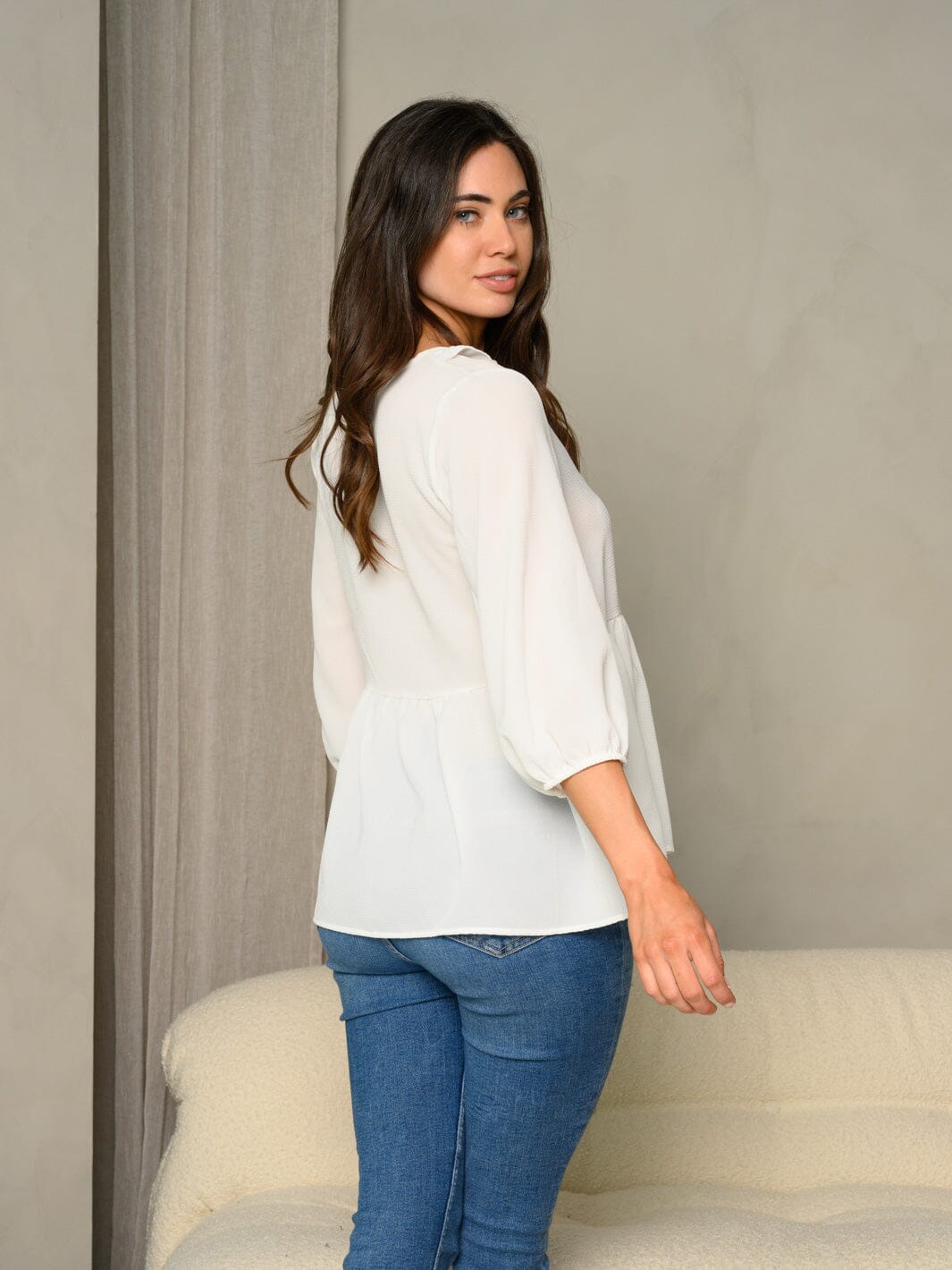 WOMEN'S FRILL V-NECK BUBBLE 3/4 SLEEVE BABYDOLL SOLID TOP