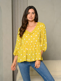WOMEN'S FRILL V-NECK POLKA DOT PRINT BUBBLE 3/4 SLEEVE BABYDOLL TOP