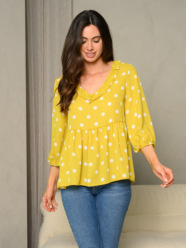 WOMEN'S FRILL V-NECK POLKA DOT PRINT BUBBLE 3/4 SLEEVE BABYDOLL TOP