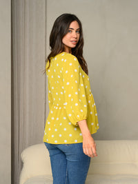 WOMEN'S FRILL V-NECK POLKA DOT PRINT BUBBLE 3/4 SLEEVE BABYDOLL TOP