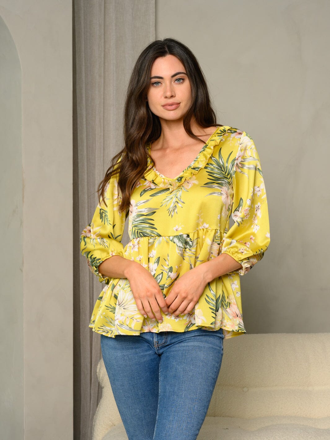 WOMEN S FRILL V NECK FLORAL PRINT BUBBLE 3 4 SLEEVE BABYDOLL TOP women-s-frill-v-neck-floral-print-bubble-3-4-sleeve-babydoll-top