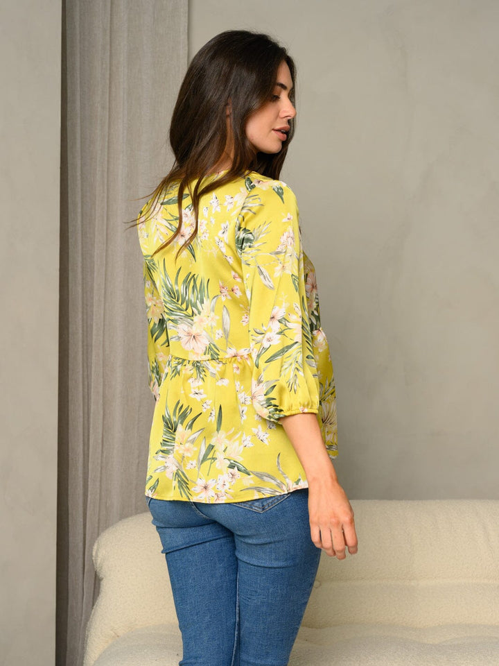 WOMEN'S FRILL V-NECK FLORAL PRINT BUBBLE 3/4 SLEEVE BABYDOLL TOP