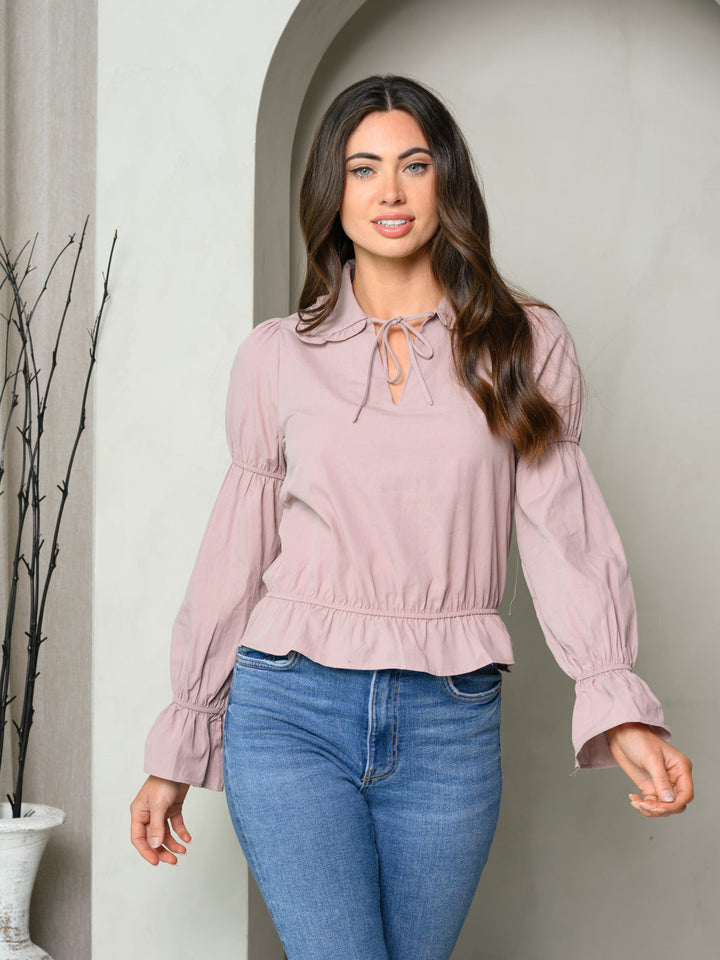 WOMEN'S LONG SLEEVE SMOCK FRONT TIE TOP