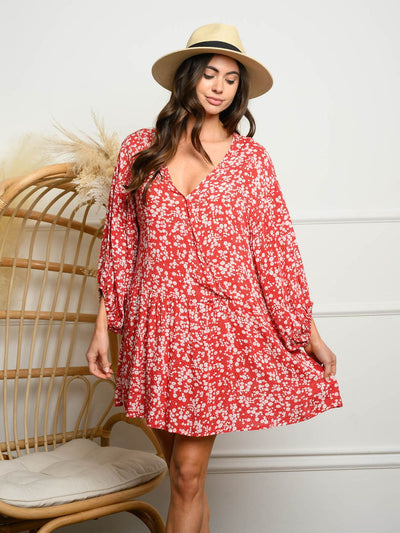 WOMEN'S LONG SLEEVE FLORAL TUNIC MIDI DRESS