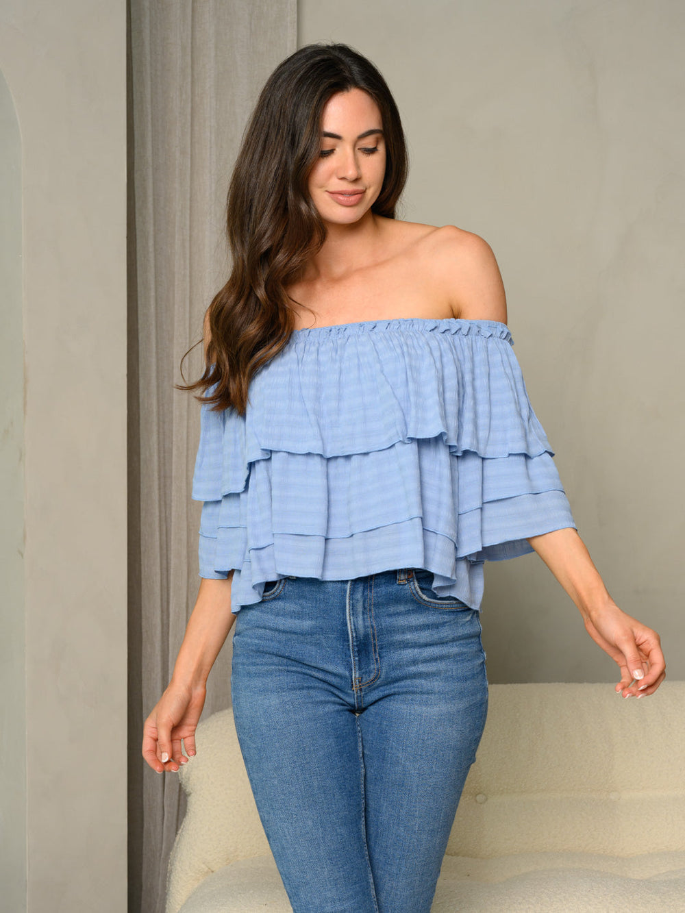 WOMEN'S OFF SHOULDER RUFFLE TOP