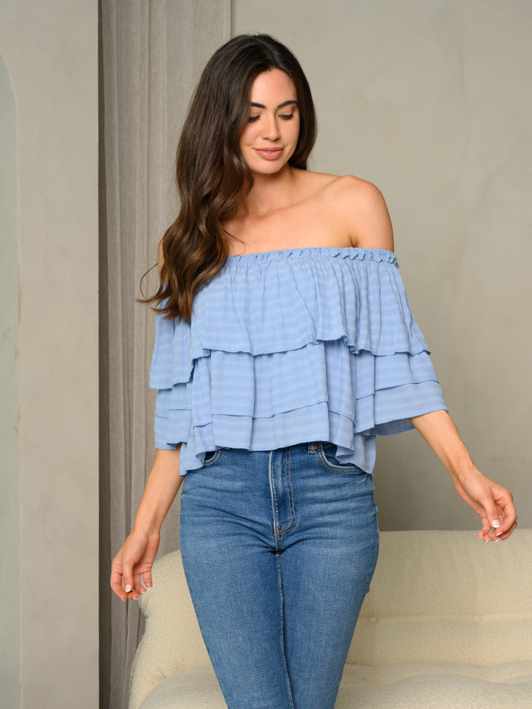 WOMEN'S OFF SHOULDER RUFFLE TOP