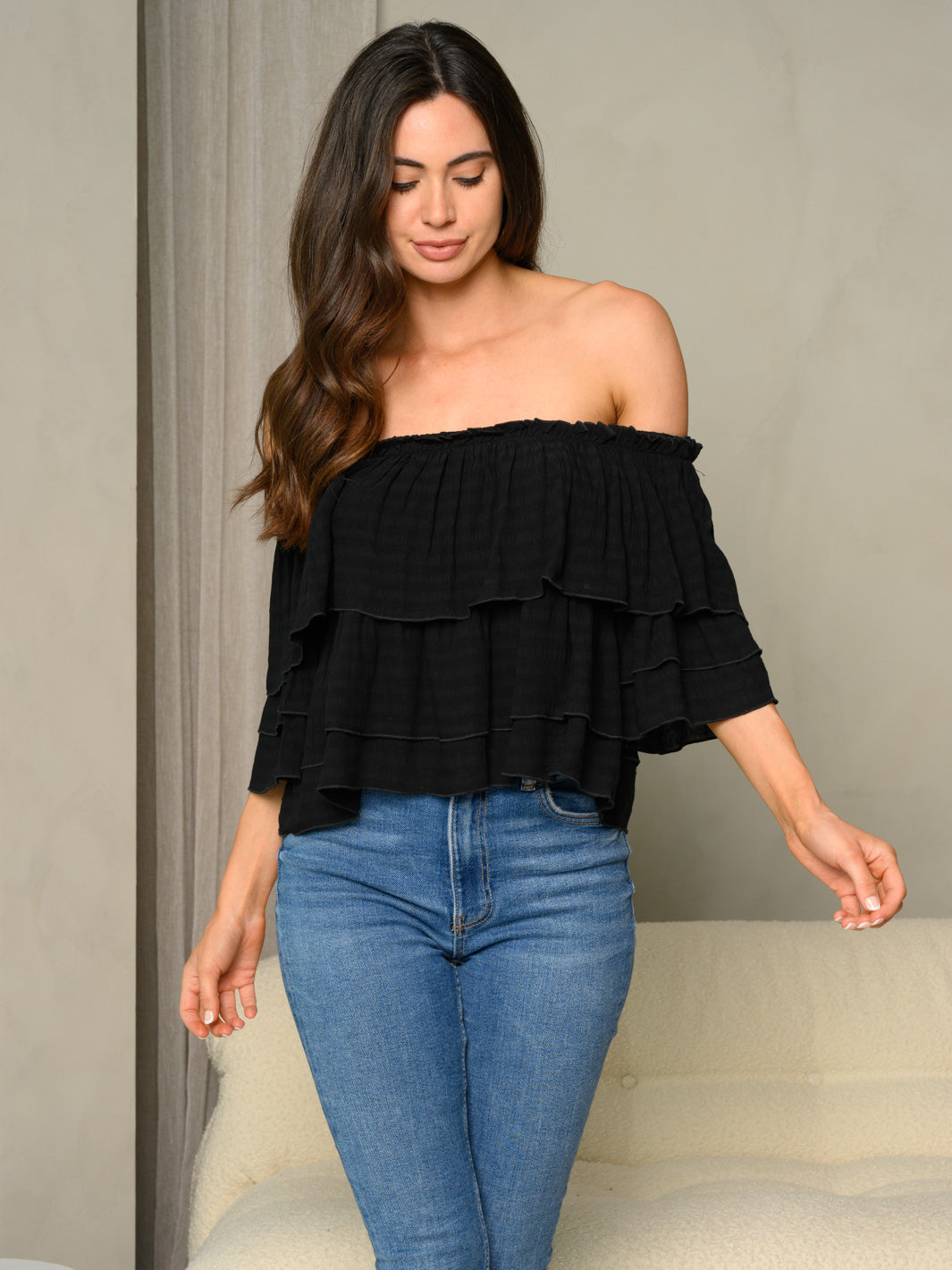 WOMEN'S OFF SHOULDER RUFFLE TOP