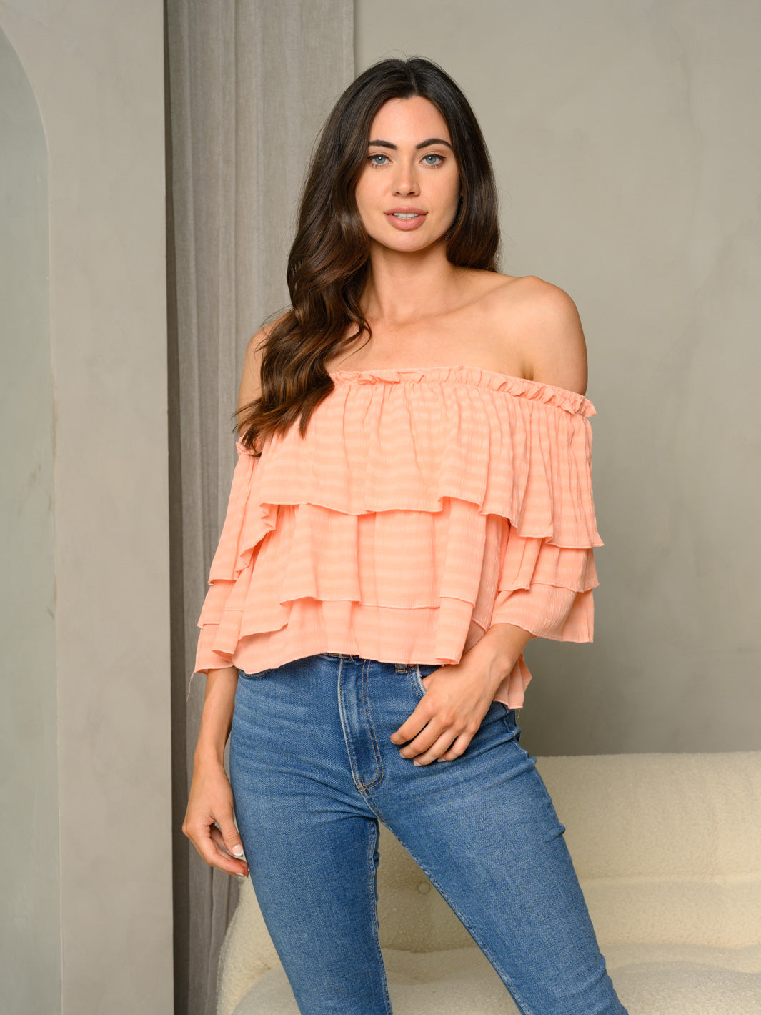 WOMEN'S OFF SHOULDER RUFFLE TOP