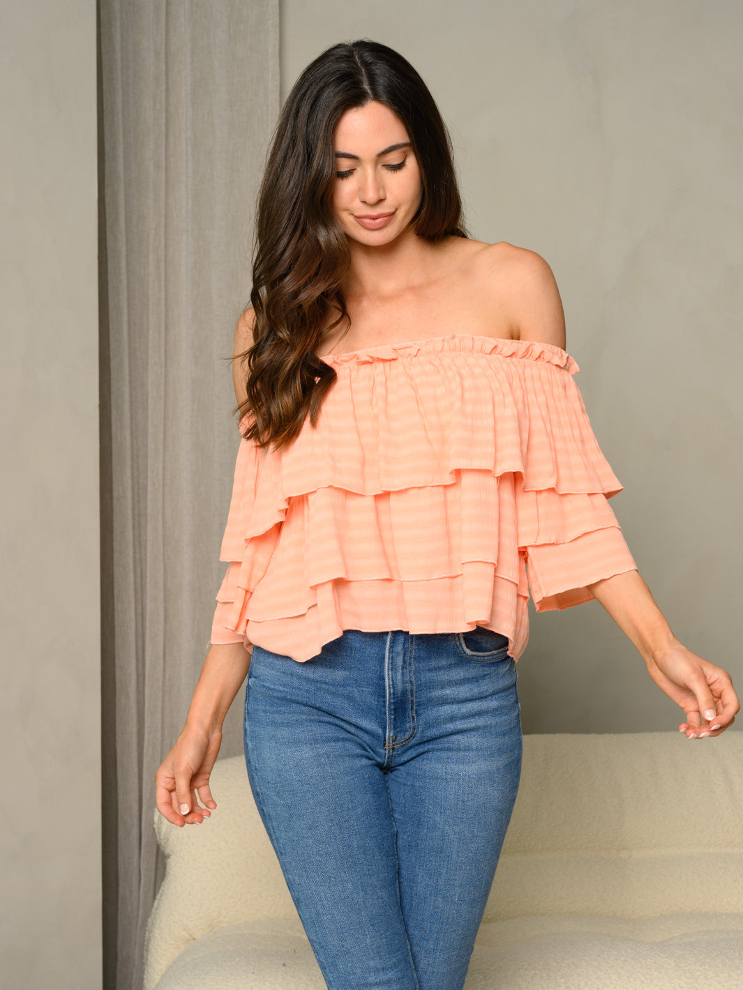 WOMEN'S OFF SHOULDER RUFFLE TOP