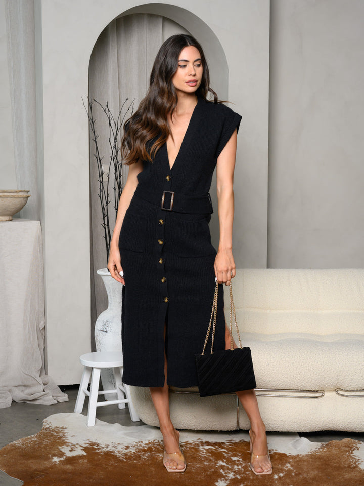 WOMEN'S SLEEVELESS V-NECK BUTTON UP KNIT MIDI DRESS