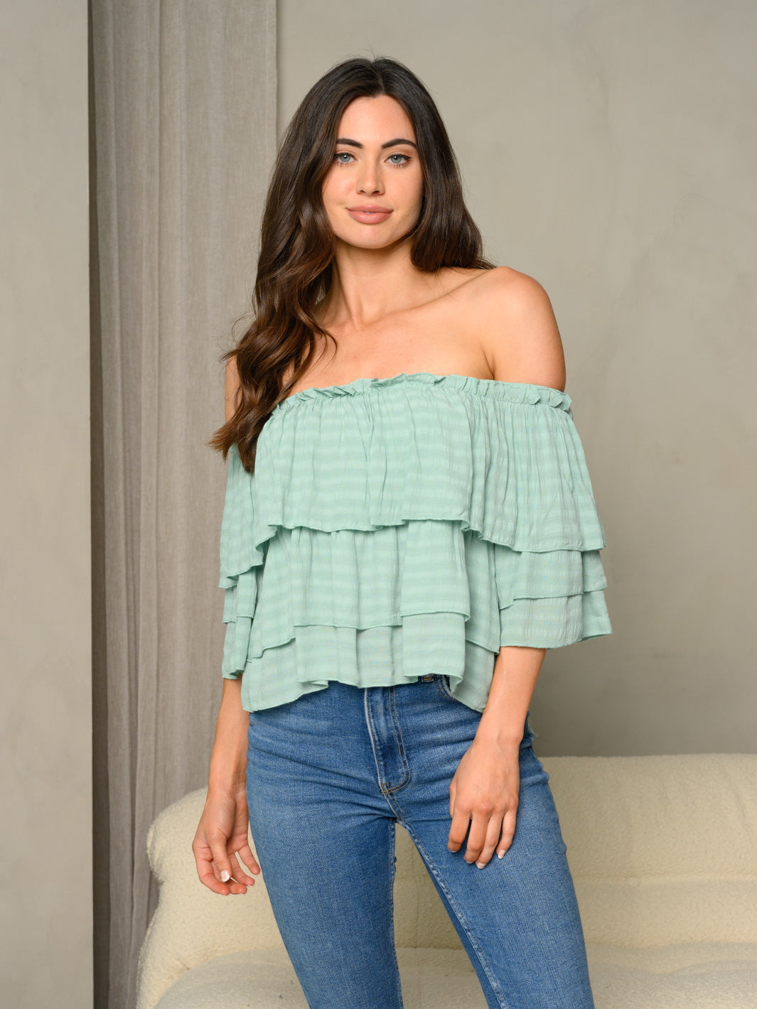 WOMEN'S OFF SHOULDER RUFFLE TOP