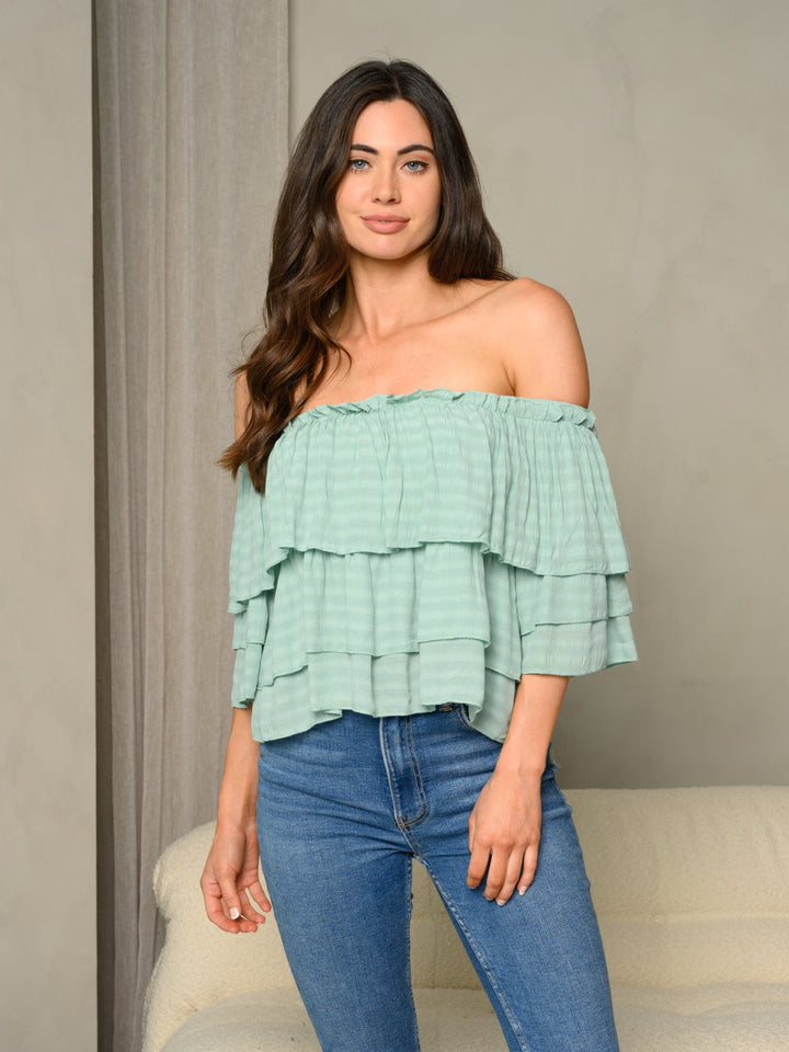 WOMEN'S OFF SHOULDER RUFFLE TOP