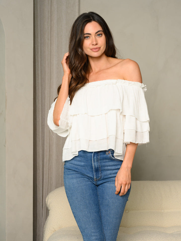 WOMEN'S OFF SHOULDER RUFFLE TOP