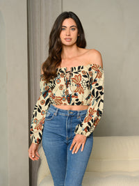 WOMEN'S FLORAL PRINT OFF SHOULDER LINEN LONG SLEEVE TOP