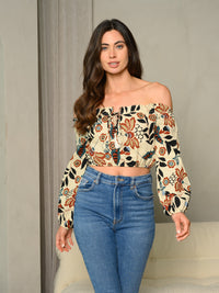WOMEN'S FLORAL PRINT OFF SHOULDER LINEN LONG SLEEVE TOP