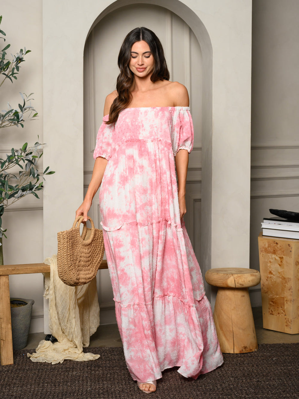 WOMEN'S OFF SHOULDER TIERED TIE DYE MAXI DRESS