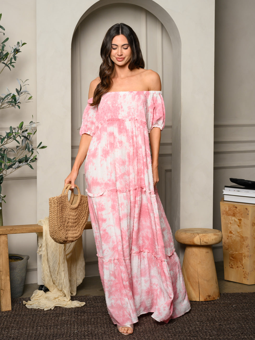 WOMEN'S OFF SHOULDER TIERED TIE DYE MAXI DRESS