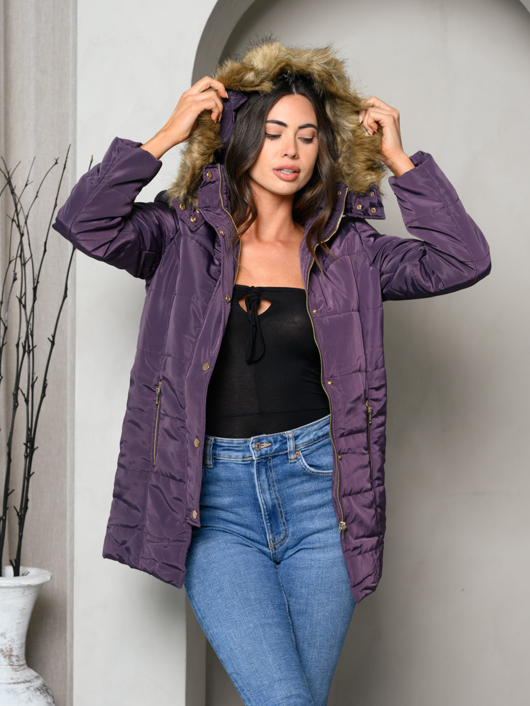 WOMEN'S PADDED BUTTON DOWN FUR HOODED JACKET