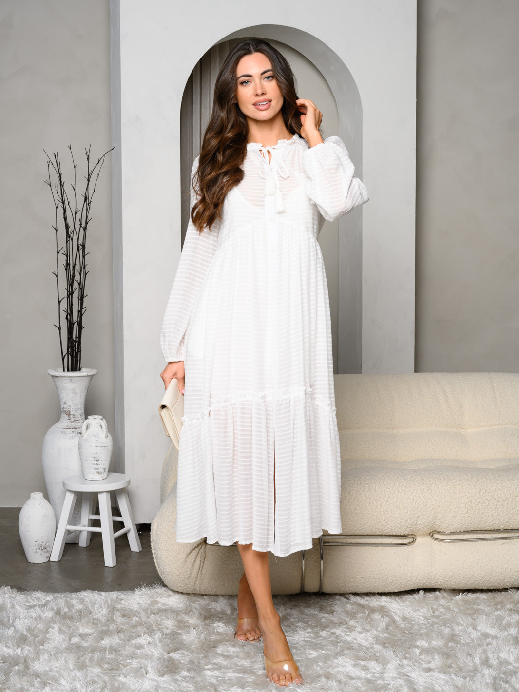WOMEN'S LONG SLEEVES BUTTON UP NECK TIE TIERED MAXI DRESS