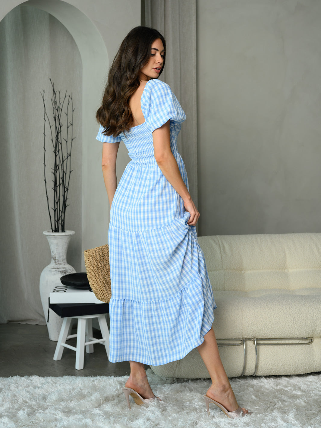 WOMEN'S SHORT SLEEVE SMOCK PLAID MAXI DRESS