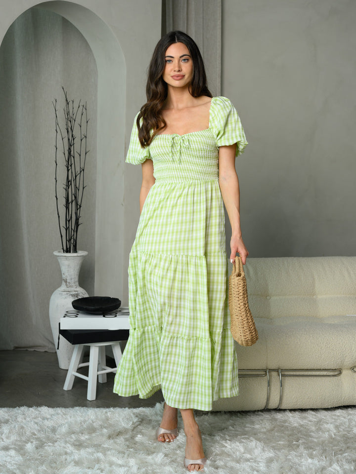 WOMEN'S SHORT SLEEVE SMOCK PLAID MAXI DRESS