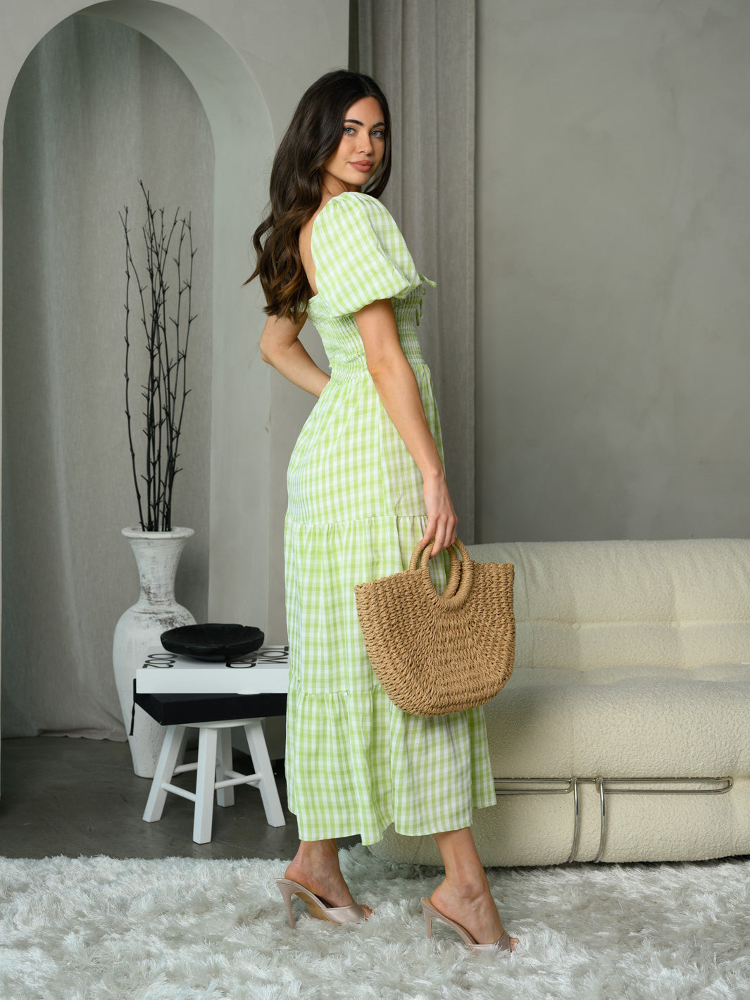 WOMEN'S SHORT SLEEVE SMOCK PLAID MAXI DRESS