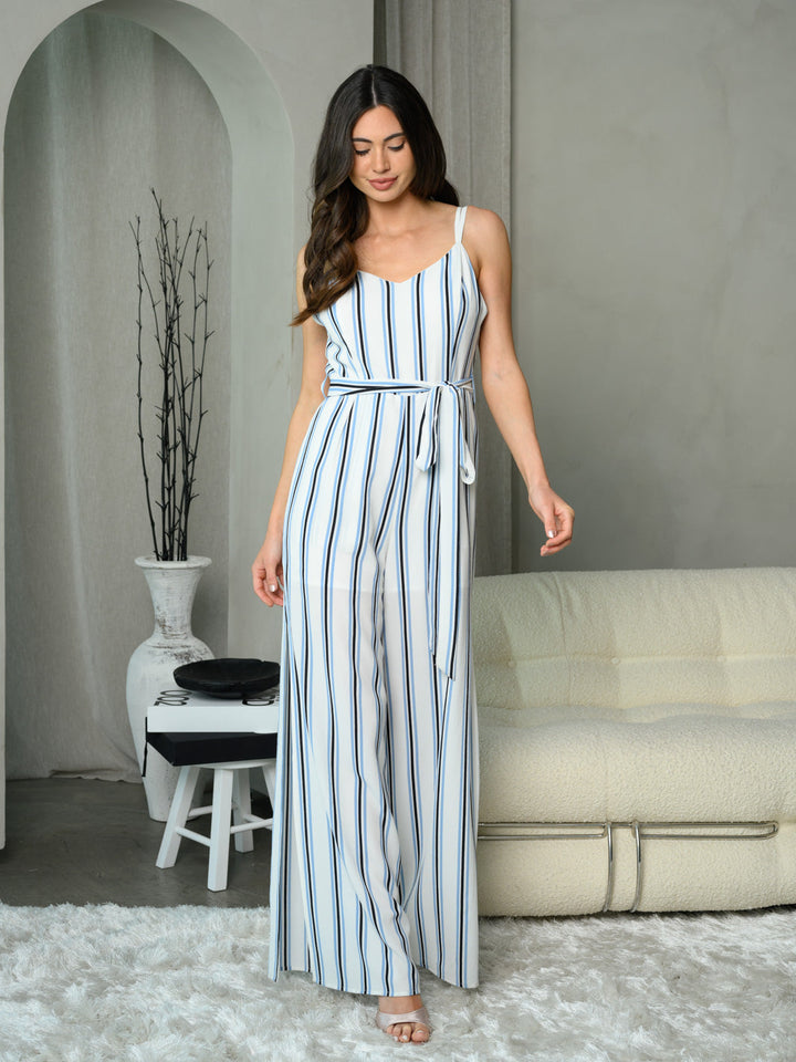 WOMEN'S SLEEVELESS V-NECK SELF TIE STRIPE JUMPSUIT