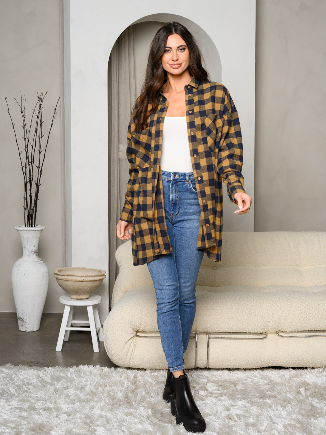 WOMEN'S LONG SLEEVE BUTTON UP FRONT POCKETS PLAID OVERSIZE TOP