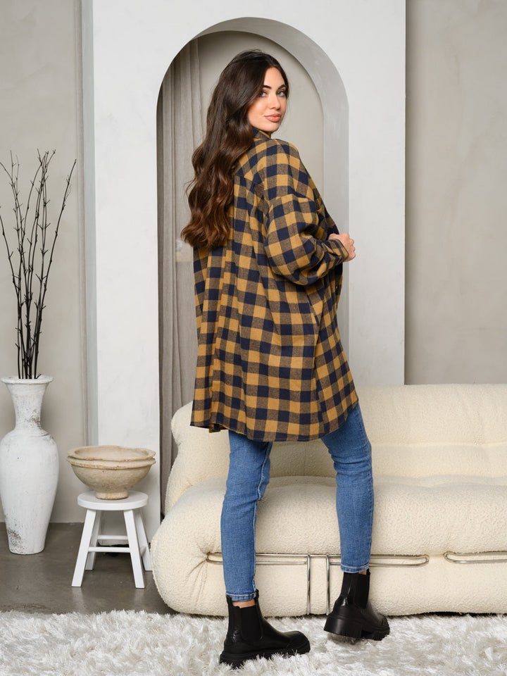 WOMEN'S LONG SLEEVE BUTTON UP FRONT POCKETS PLAID OVERSIZE TOP