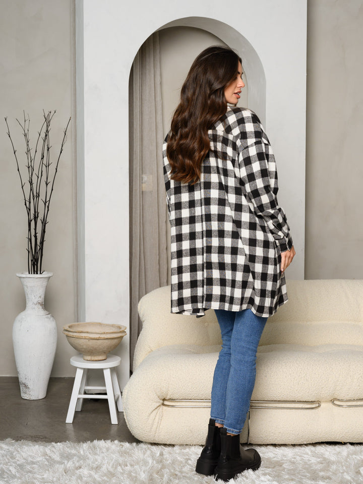 WOMEN'S LONG SLEEVE BUTTON UP FRONT POCKETS PLAID OVERSIZE TOP